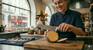 A technical diagram highlighting the centre of balance on a premium 10 inch chef knife, optimised to minimise hand fatigue for users with large hands.