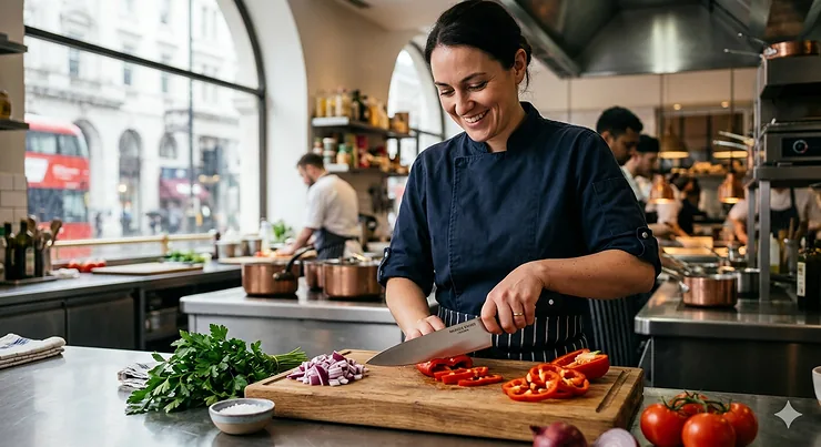 A professional 10 inch chef knife for large hands being held with a secure pinch grip whilst dicing fresh vegetables on a wooden chopping board.