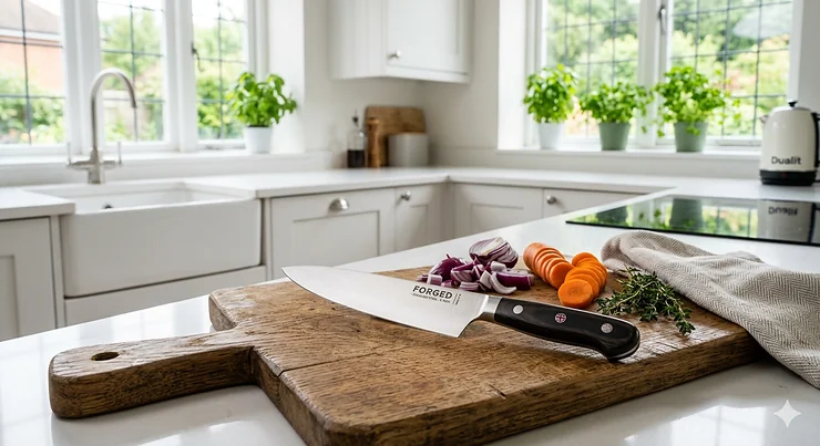 An 8 inch chef knife with a dark wooden handle, resting on a rustic wooden chopping board next to chopped red onions, sliced carrots, and fresh thyme in a bright UK kitchen.