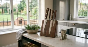 A premium bird's beak paring knife displayed as part of a high-end kitchen knife set inside a modern British home.