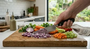 Using a top-rated chef's knife to finely dice onions and carrots on a kitchen worktop.