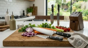 A buying guide graphic comparing budget, mid-range, and premium chef's knives available to buy in the UK.