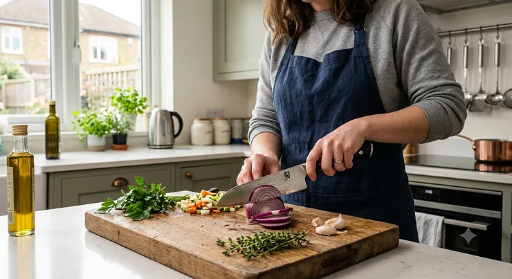 A close-up photograph of a skilled home chef using a Japanese santoku knife to finely slice a vibrant red onion on a rustic oak chopping board in a modern UK kitchen.