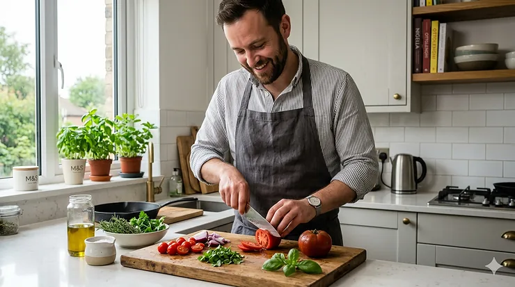 A home cook in a bright, modern British kitchen uses a lightweight chef knife to precisely slice fresh vegetables.