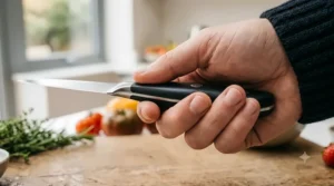 A close-up view showing a comfortable, secure hand grip on the contoured handle of a premium paring knife.