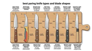Diagram comparing different paring knife blade types including spear point, bird's beak, and sheep's foot styles.