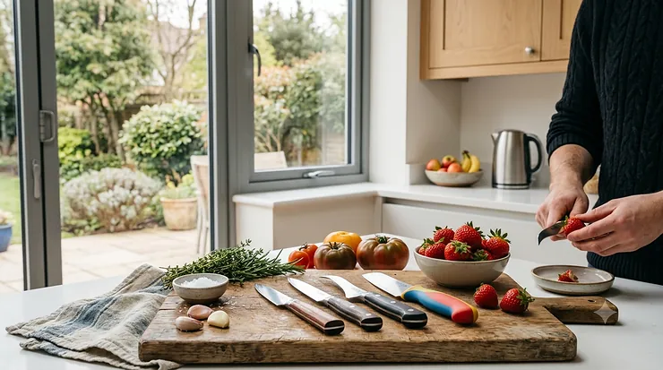 A selection of the best paring knife options for a UK kitchen arranged on a wooden chopping board next to fresh vegetables.