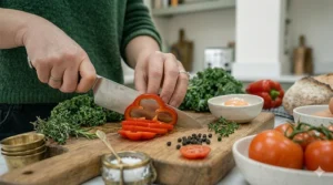 A chef using a sharp santoku knife to mince flat-leaf parsley and mint, demonstrating the blade's precise push-cut action.