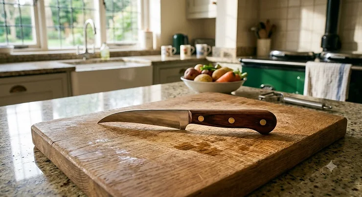 A traditional bird's beak paring knife with a curved stainless steel blade on a wooden chopping board in a British kitchen.