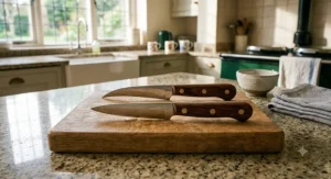 A comparison showing a curved bird's beak paring knife next to a classic straight-edged paring knife on a grey kitchen worktop.