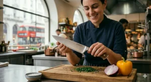 An illustration demonstrating the ample knuckle clearance provided by a deep 10 inch chef knife for large hands, preventing fingers from hitting the chopping board.