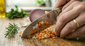 A visual guide demonstrating how to hold a Japanese santoku knife using a proper pinch grip for maximum control and safety.