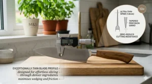 A lightweight chef knife resting on a wooden chopping board with a digital caliper measuring its ultra-thin 1.8mm spine.