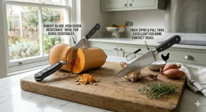 An illustration showing a heavy-duty German chef knife safely chopping through a tough butternut squash and chicken bones.