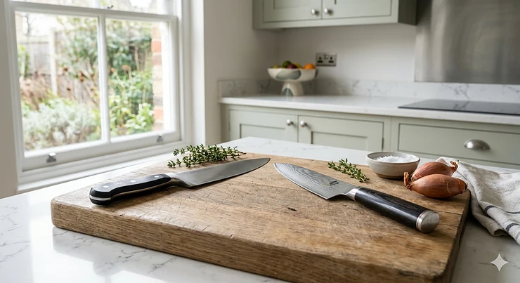 A direct comparison of a heavy German chef knife and a lightweight Japanese gyuto knife side by side on a wooden chopping board. German vs Japanese chef knife