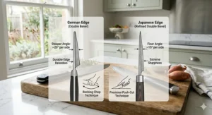 Diagram showing a double-bevel German knife edge sharpened to twenty degrees versus a finer Japanese knife single or double-bevel edge at fifteen degrees.