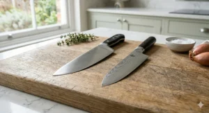 Illustration comparing the curved, rocking blade profile of a German chef knife with the flatter, straighter edge of a Japanese chef knife.