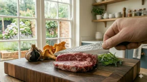 Slicing clean portions of a traditional Sunday roast beef joint using a sharp, heavy duty chef knife.