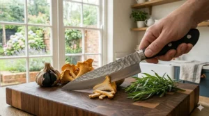 A chef using a heavy duty chef knife to smoothly slice through a large swede on a wooden kitchen worktop.
