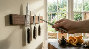 A heavy duty chef knife safely stored alongside other kitchen utensils on a magnetic stainless steel wall rack above a cooker hob.