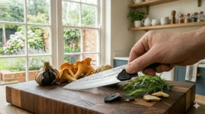 Action shot of a heavy duty chef knife using a rocking motion to finely mince fresh rosemary and thyme on a slate board.