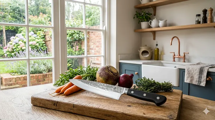 A heavy duty chef knife resting on a rustic oak chopping board in a British kitchen, surrounded by fresh vegetables like carrots and parsnips.