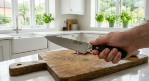 A close-up demonstration of a home cook's hand gripping the dark wooden handle of an 8 inch chef knife above a wooden chopping board with chopped red onions.