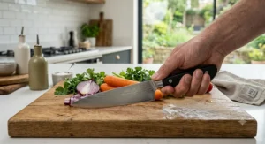 A close-up illustration demonstrating how to safely hold a chef's knife using the professional pinch grip technique.