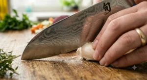 An illustration of the difference between a straighter Japanese santoku knife blade and a curved Western-style chef's knife, demonstrating the unique profiles.