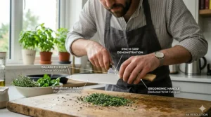 Diagram demonstrating the correct pinch grip technique on a balanced, thin-profile lightweight chef knife with minimal wrist fatigue.