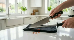 A close-up of a home cook maintaining a sharp edge on an 8 inch chef knife using a steel honing rod over a dark grey kitchen towel.