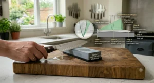 Step-by-step guide illustrating how to sharpen a double-bevel western style santoku knife using a whetstone at a 15 to 20-degree angle.
