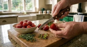 Using the sharp pointed tip of a bird's beak paring knife to quickly hull fresh British strawberries for dessert.