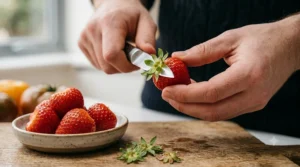 Removing the green leafy tops from fresh British strawberries using a short-bladed paring knife.