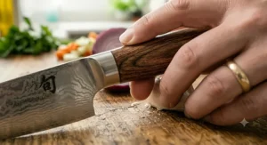 An illustration showcasing the three virtues of a santoku knife in action: finely slicing red onions, dicing carrots, and mincing garlic cloves on a clean worktop.