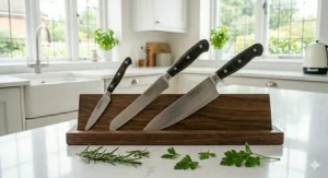 A comparison of kitchen knives displayed on a wooden stand, showing a small paring knife, a serrated bread knife, and an 8 inch chef knife next to fresh rosemary and parsley leaves.
