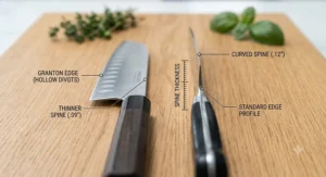 A detailed diagram illustrating the thinner spine of a Santoku knife compared to the thicker, standard edge profile of a European chef knife on a wooden background.