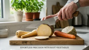 Close-up of a home cook using a lightweight chef knife to slice effortlessly through a large turnip, parsnips, and carrots on an oak chopping board.