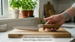 A hand gently holding a lightweight chef knife to showcase its balanced ergonomic wood handle designed to reduce fatigue.