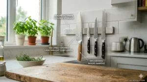 A lightweight chef knife with an ergonomic wood handle stored securely on a wall-mounted magnetic knife rack in a British kitchen.