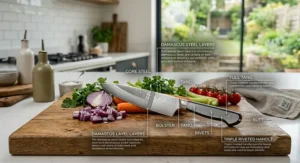 A labelled diagram showing the anatomy of a classic chef's knife, highlighting the bolster, heel, and full tang construction.