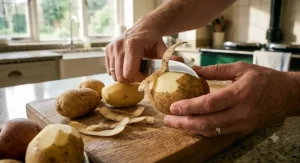 Close-up of a home cook peeling a Maris Piper potato using a bird's beak paring knife, showing the precision of the curved blade.