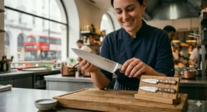 An instructional illustration showing how to hold a 10 inch chef knife for large hands using a comfortable and safe pinch grip.