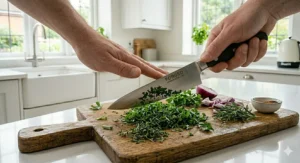 A home cook demonstrating the rocking motion technique to finely chop a mountain of fresh green herbs on a rustic wooden chopping board using an 8 inch chef knife.