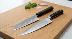 A close-up shot of a Santoku knife featuring hollow divots on the blade alongside a classic chef knife on an oak chopping board with a red onion slice and sea salt.