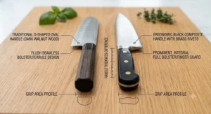 An analytical diagram illustrating the cross-section grip area profiles of a traditional Japanese handle compared to a prominent Western full-bolster finger guard.