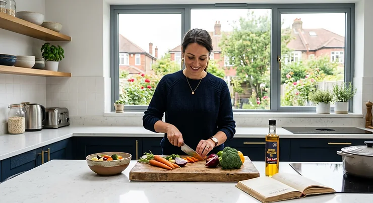 Alt text for image 1: A British woman smiling while using a knife to chop fresh vegetables on a wooden chopping board in a modern UK kitchen with a large window looking out onto a suburban street. santoku knife vs chef knife