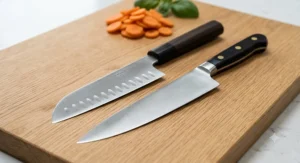 A Japanese Santoku knife with a Granton edge and a traditional European chef knife resting side by side on a light wooden chopping board with chopped carrots in the background.