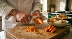 An expert chef using a classic bird's beak paring knife to turn and shape carrots for a Sunday roast dinner.