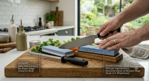 Maintenance guide illustrating how to hone a chef's knife with a steel and sharpen it using a whetstone.